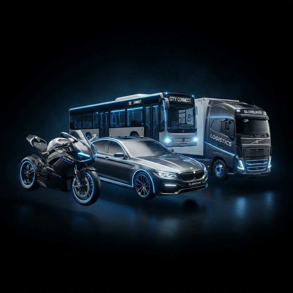Ilustração de carro, moto, ônibus e caminhão